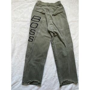 BOSS Jeans Men Olive Green Vintage Baggy Embroidered Wide Leg 27x30